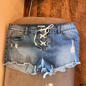 Billabong Lace-Up Distressed Light Blue Denim Shorts
